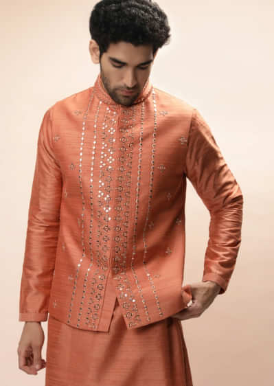 Coral Peach Nehru Jacket And Kurta Set With Resham And Mirror Embroidered Buttis And Stripe Design  