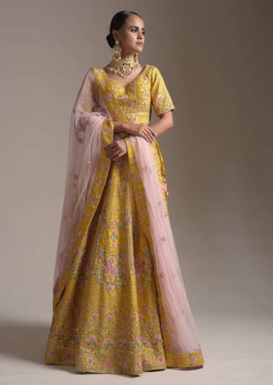 Corn Yellow Lehenga Choli In Raw Silk With Zardosi And Resham Embroidered Mughal And Floral Motifs 