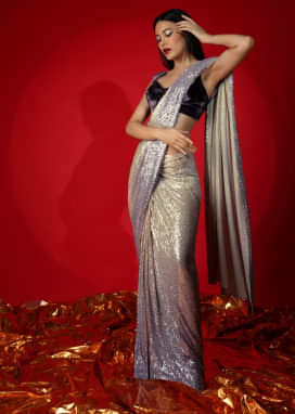 Cream And Lavender Shaded Ready Pleated Saree Embellished In Sequins With Grape Purple Velvet Blouse And Embroidered Belt  