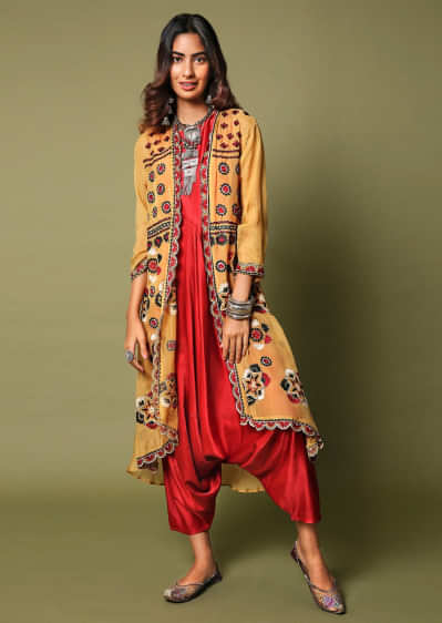 Crimson Red Cowl Jumpsuit Paired With A Contrasting Mustard Jacket Featuring Mandala Aari Embroidery  