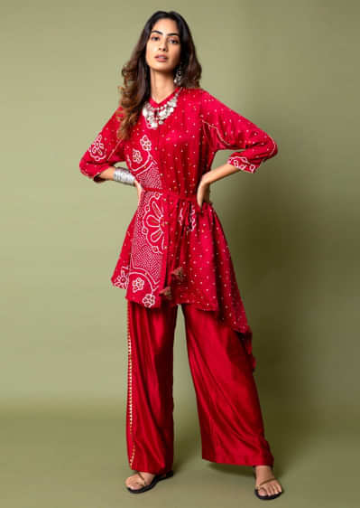 Crimson Red Shirt And Palazzo Set With Mandala Real Bandhani And Hand Embroidered Using Antique Sequins And Beads  