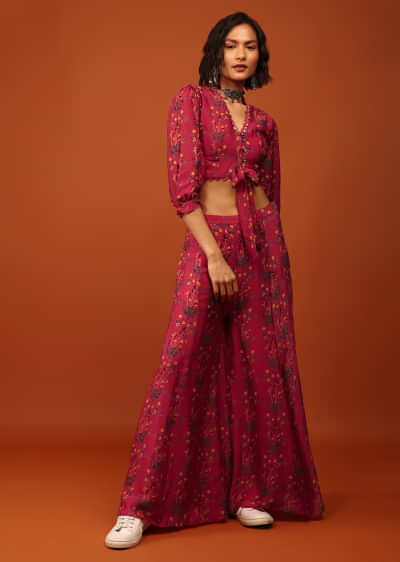 Carmine Red Print Blouse And Palazzo In V Neckline & Balloon Flute Sleeves With Embellishment