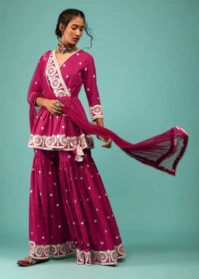 Rani Pink Sharara Suit In Cotton With Lucknowi Floral Embroidery & Angarakha Peplum Top