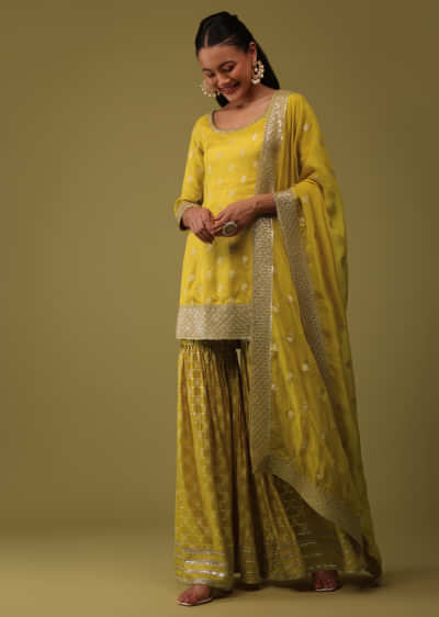 Cyber Yellow Sequins Embroidered Kurti And Sharara Set In Silk