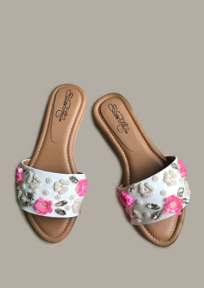 White Slider Flats With Pink Sequin Flowers, Beads And Rhinestone Detailing By Sole House