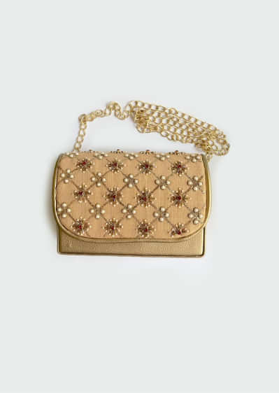 Light Gold Sling Bag With Zari, Swarovski And Moti Embroidery By Sole House