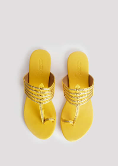 Yellow Kolhapuri With Gold Braiding And Gold Rivets  By Sole House