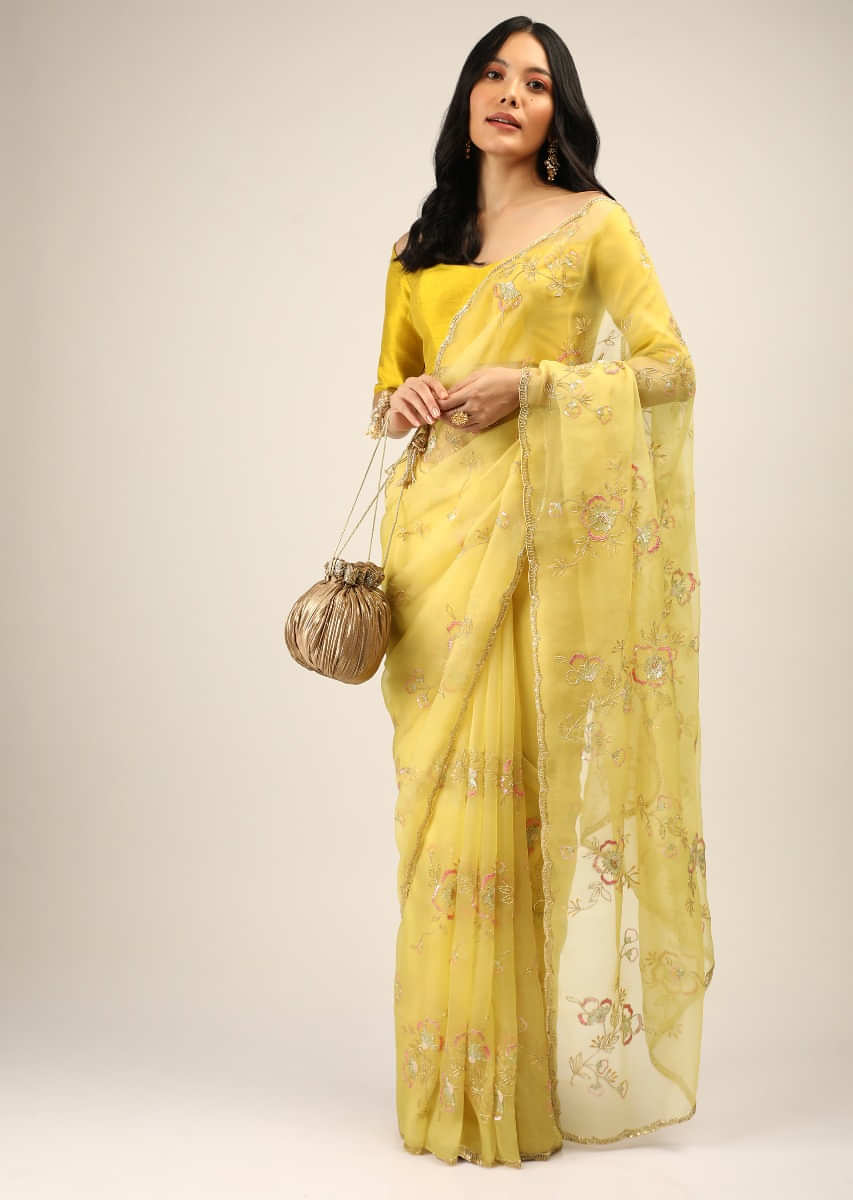Daffodil Yellow Saree In Organza With Multi Colored Sequins And Resham Embroidered Flowers And Cut Dana Accents  