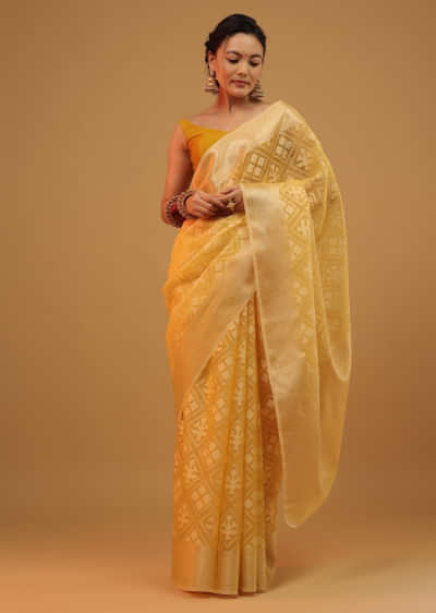 Daffodil Yellow Saree In Cotton With Woven Geometrical Patterns In Banarasi Chanderi