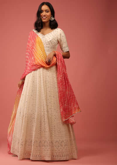 Daisy White Anarkali Suit In Georgette With Lucknowi Thread Embroidery And Contrasting Lehariya Dupatta