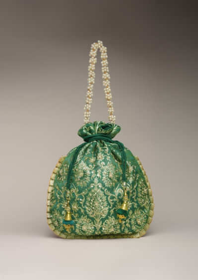 Dark Green Potli Bag In Brocade Silk With Zardosi Embroidery In Floral Design