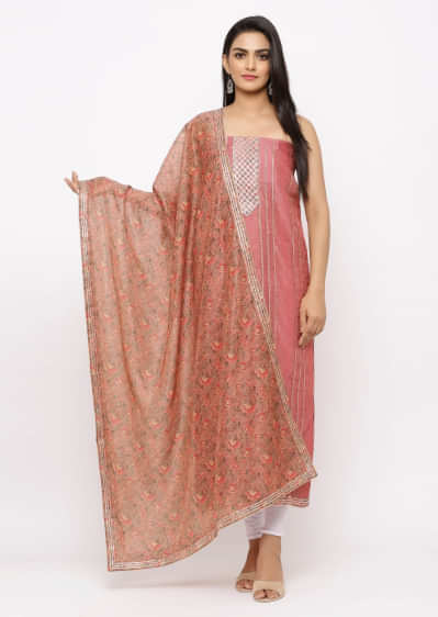 Dark Pink Unstitched suit in Cotton With Gotta lace and Thread work Online - Kalki Fashion