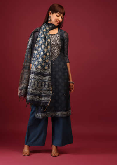 Dark Blue Palazzo Suit In Tussar Silk With Ajrakh Handblock Print And Embroidery