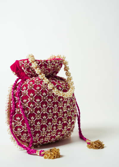 Dark Pink Potli Bag In Velvet With Cut Dana And Beads Embroidered Jaal