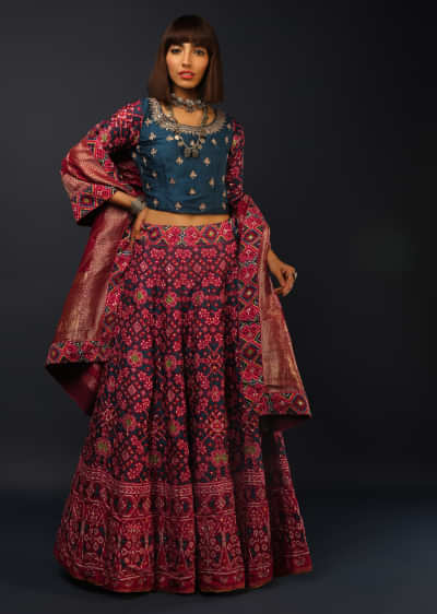 Deep Blue Lehenga In Silk With Maroon Patola Print And Ready Stitched Blouse 