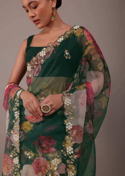 Deep Green Floral Printed Saree In Organza With Cut Dana Butti All Over