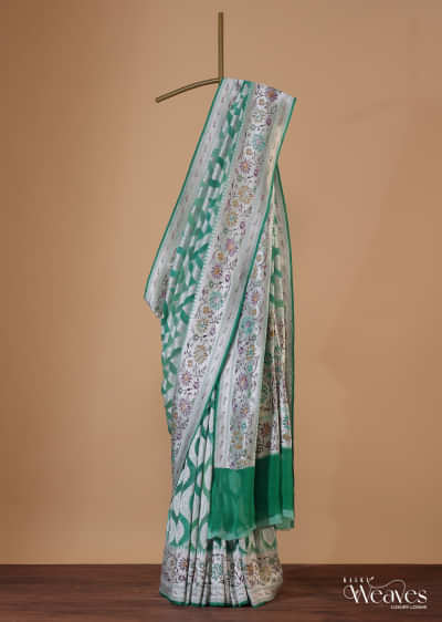 Jade Green Georgette Saree With Banarasi Zari With Meenawork Border And An Unstitched Blouse