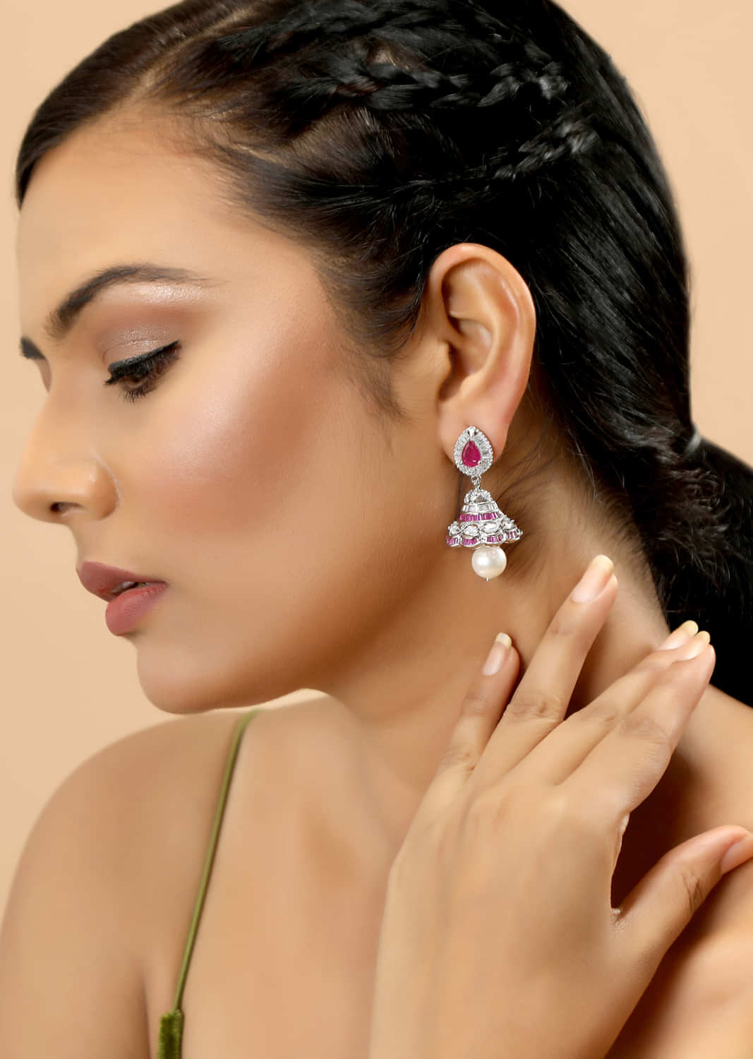 Hot Pink Stones And Baguettes Jhumkis