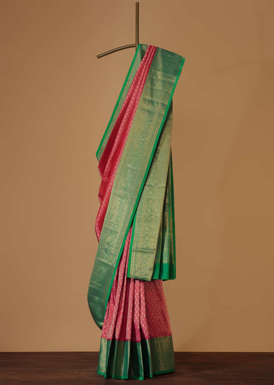 Hot Pink Kanjivaram Saree With Forest Green Border And Intricate Weave