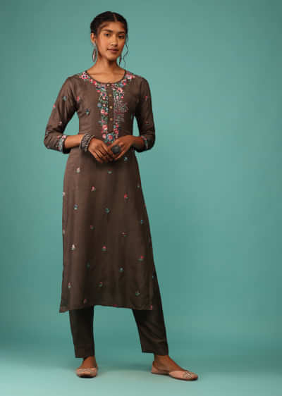 Deep Taupe Brown Kurta Set In Dola Silk With Kashmiri Thread Embroidery & 3D Floral Work