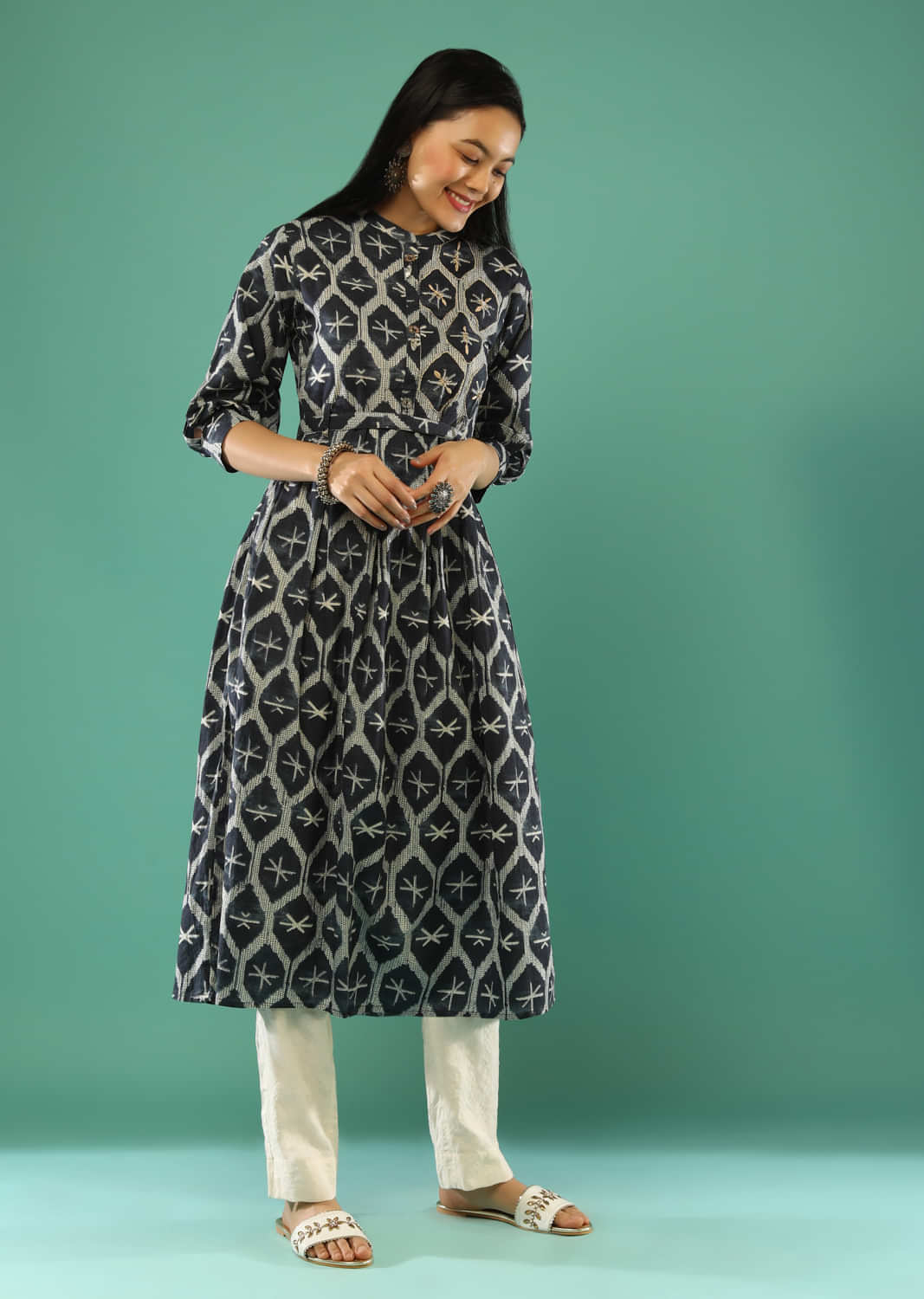 Denim Blue A Line Tunic In Cotton With Jaal Print And Thread Work Online - Re By Kalki