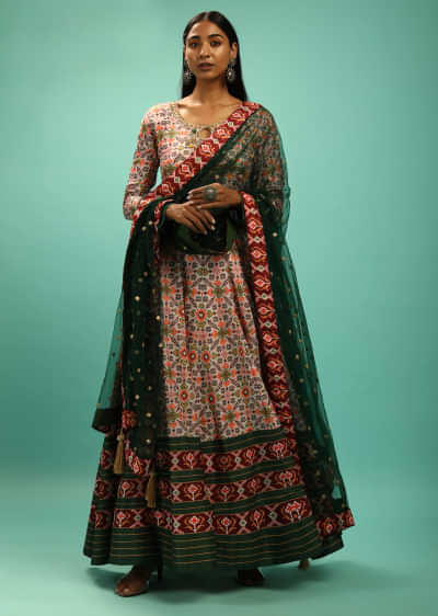 Desert Ivory Anarkali Suit With Multi Colored Patola Print And Zardosi Embroidery  