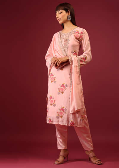 Dogwood Pink Floral Print Pant Suit In Straight Cut And U Neckline With Zari Embroidery