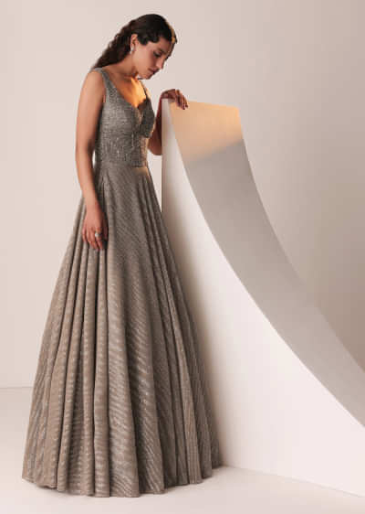 Dusty Copper Gold Embroidered Gown In Knit Strechable & Sequins Fabric 