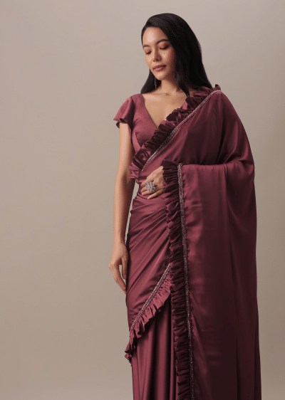 Dusty Maroon Satin Saree With Frilled Sleeved Blouses