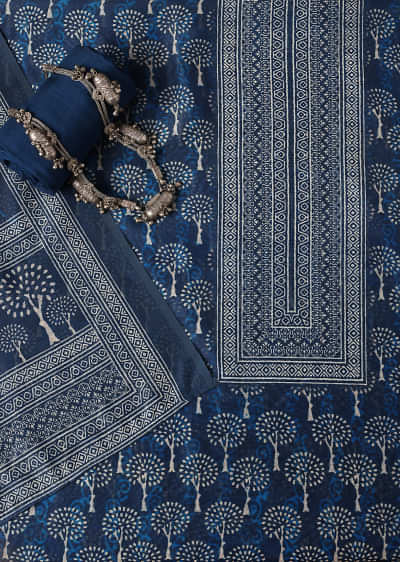 Indigo Printed Chanderi Unstitch Dress Material Set