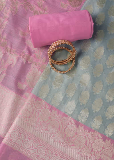 Pinklicious Grey Printed Banarasi Silk Dress Material Suit Set With Pink Accents
