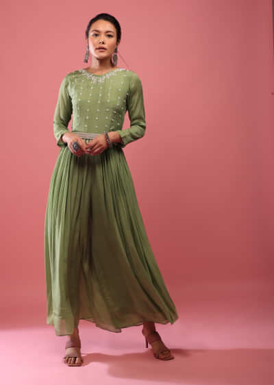 English Ivy Green Jumpsuit In Chiffon With Full Sleeves And Embroidered Belt In Moti