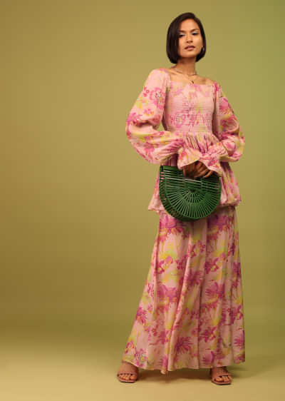 English Rose Pink Print Top And Palazzo In Crepe With Off-shoulder Neckline & Smocking Bodice Online - RE By Kalki