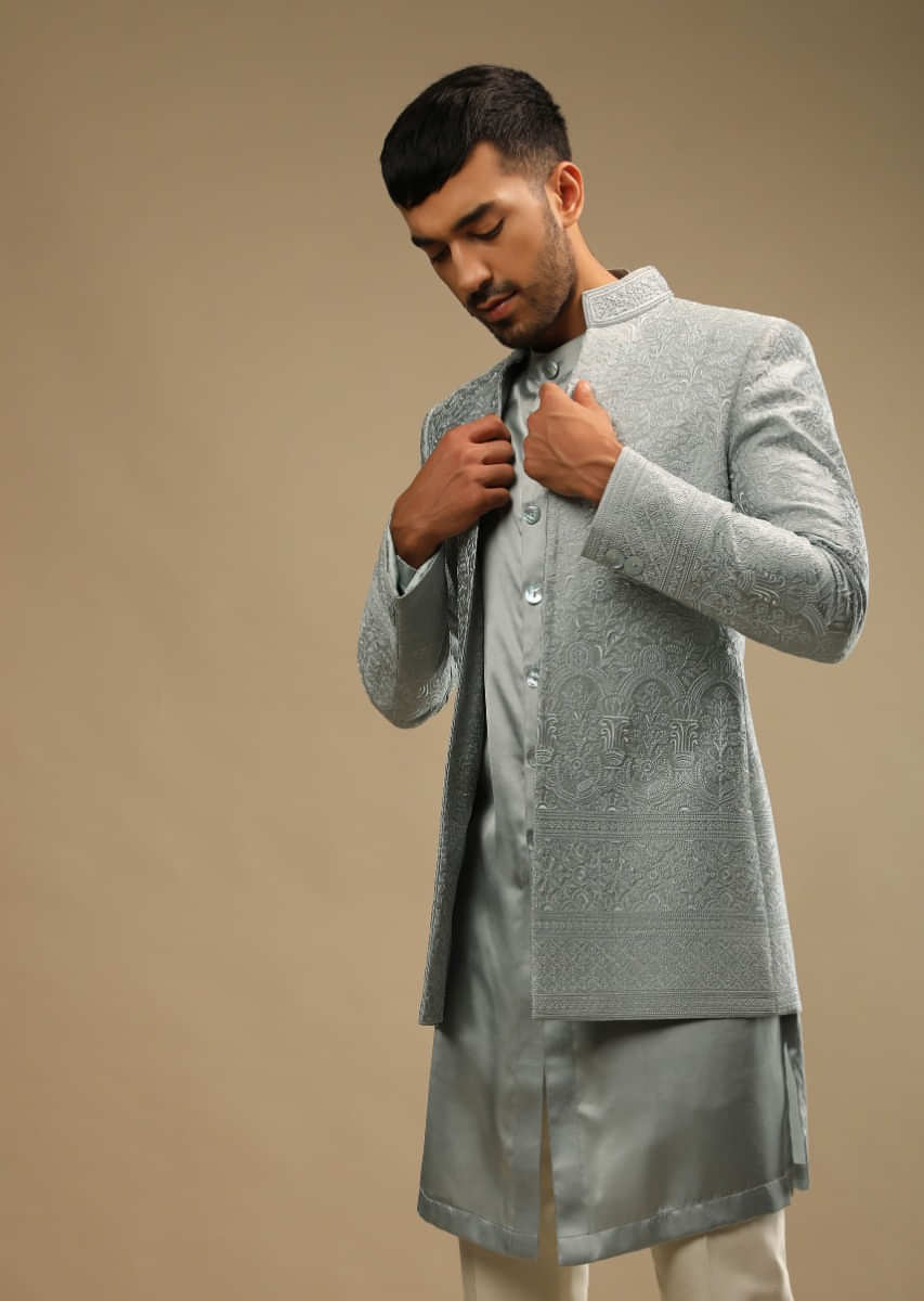 Ether Blue Sherwani In Satin Silk With Self Resham Embroidered Floral Jaal And Mughal Motifs And Matching Satin Kurta Set  