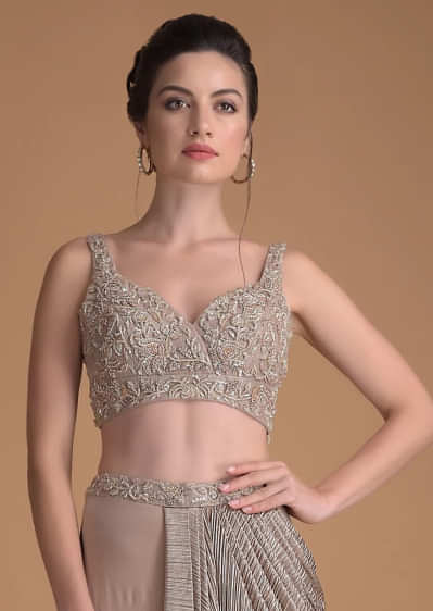 Eve Champagne Blouse With Cut Dana And Zardosi Embroidered Jaal Work And Sweetheart Neckline