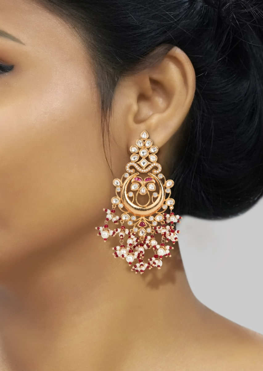 Faux Polki And Synthetic Ruby Earrings With  Gold Rhodium Plating By Tizora