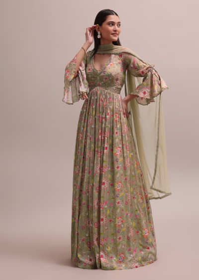 Festive Beige Printed And Embroidered Anarkali With A Net Dupatta