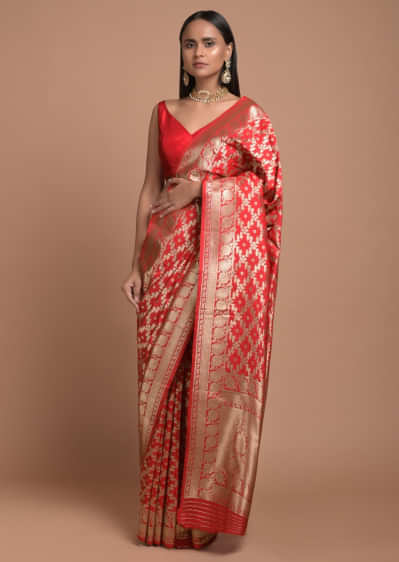 Fiery Red art handloom Saree In Silk With Woven Mesh Jaal