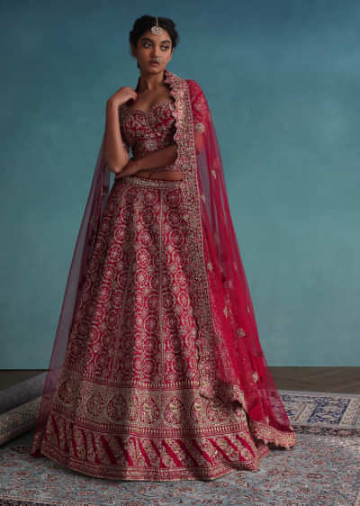 Fiery Red Embroidered Bridal Lehenga In Raw Silk With Hand Embroidery