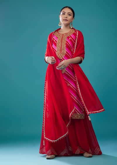 Rose Red Georgette Leheriya Palazzo Set With Embroidery