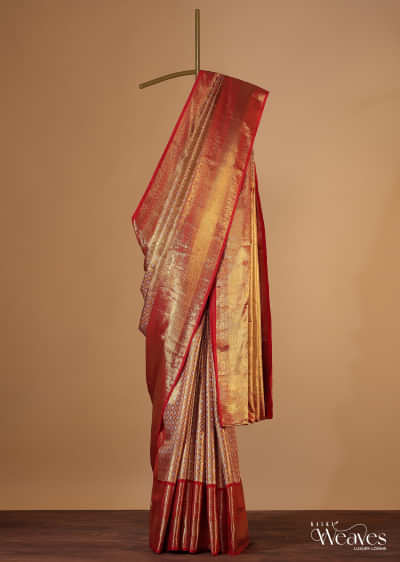 Fiery Red Gold-Toned Kanjivaram Saree In Tissue Silk With 14GM Real Zari Weave And Unstitched Blouse