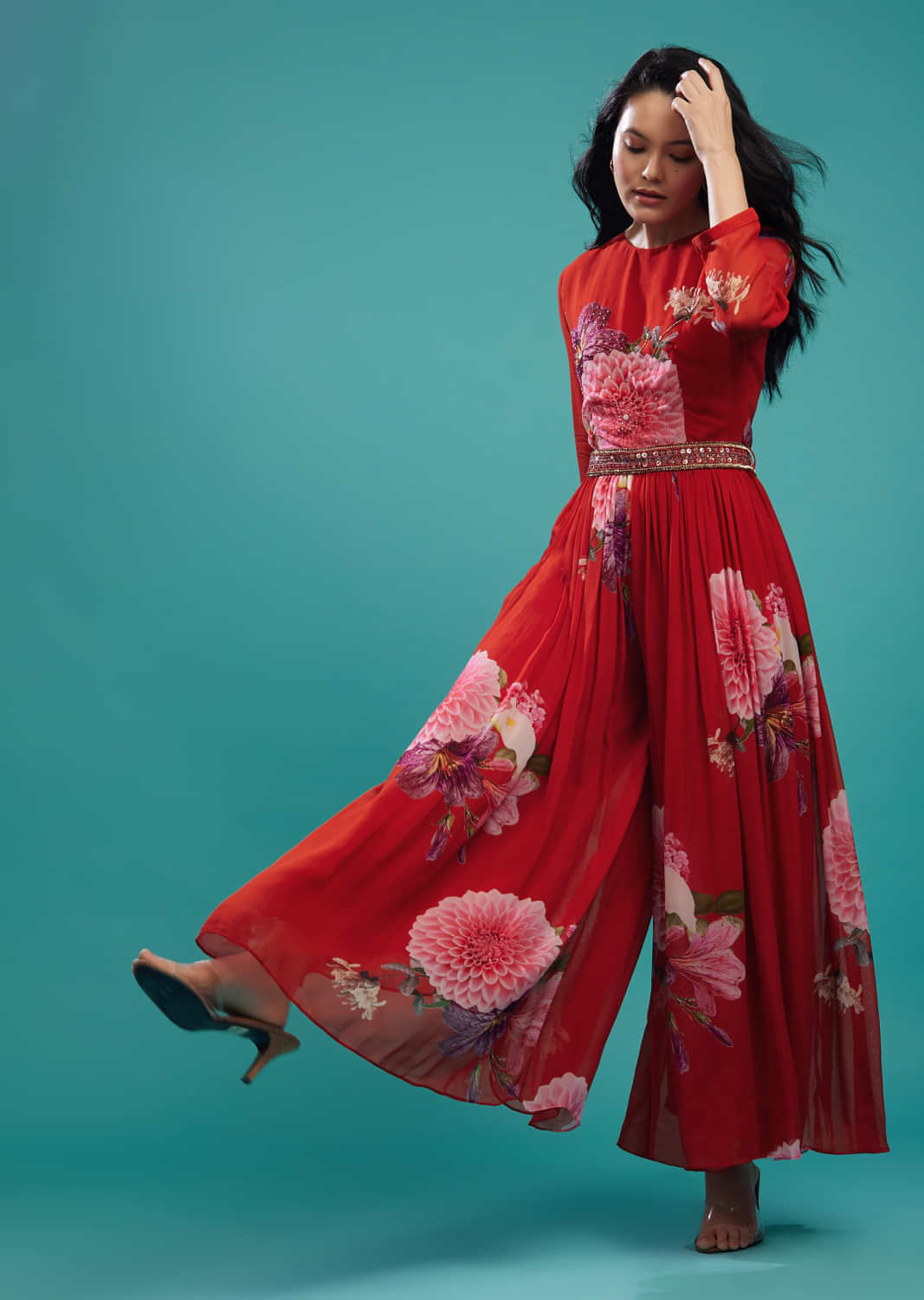 Fiery Red Pleated Jumpsuit In Floral Print And Hand Embroidered Waist Belt
