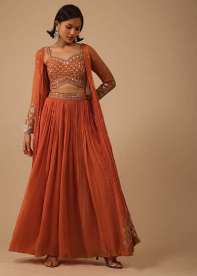 Fire Orange Palazzo Suit In Georgette With Mirror And Sequins Embroidery