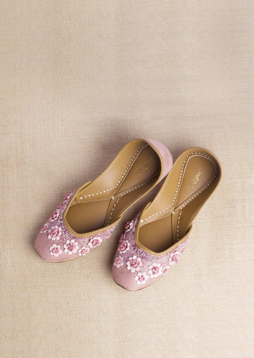Flamingo Pink Juttis In Suede Embroidered With Wooden And Acrylic Beads Along With Matte Sequins In Floral Motifs By Vareli Bafna