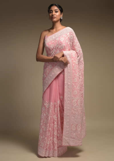 Flamingo Pink Saree In Georgette Adorned With Lucknowi Thread Embroidery In Paisley Jaal