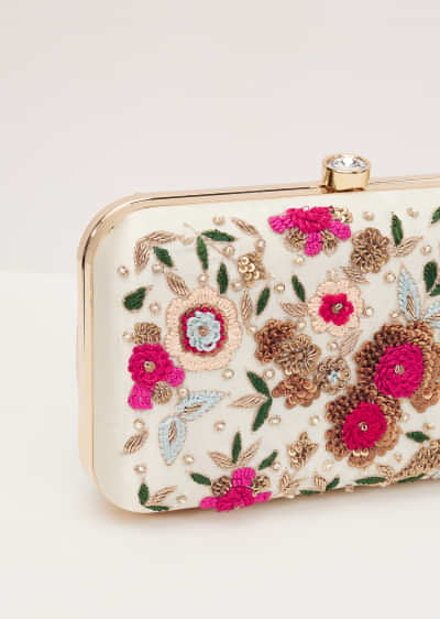 Floral Embroidered Clutch With White Silk Base