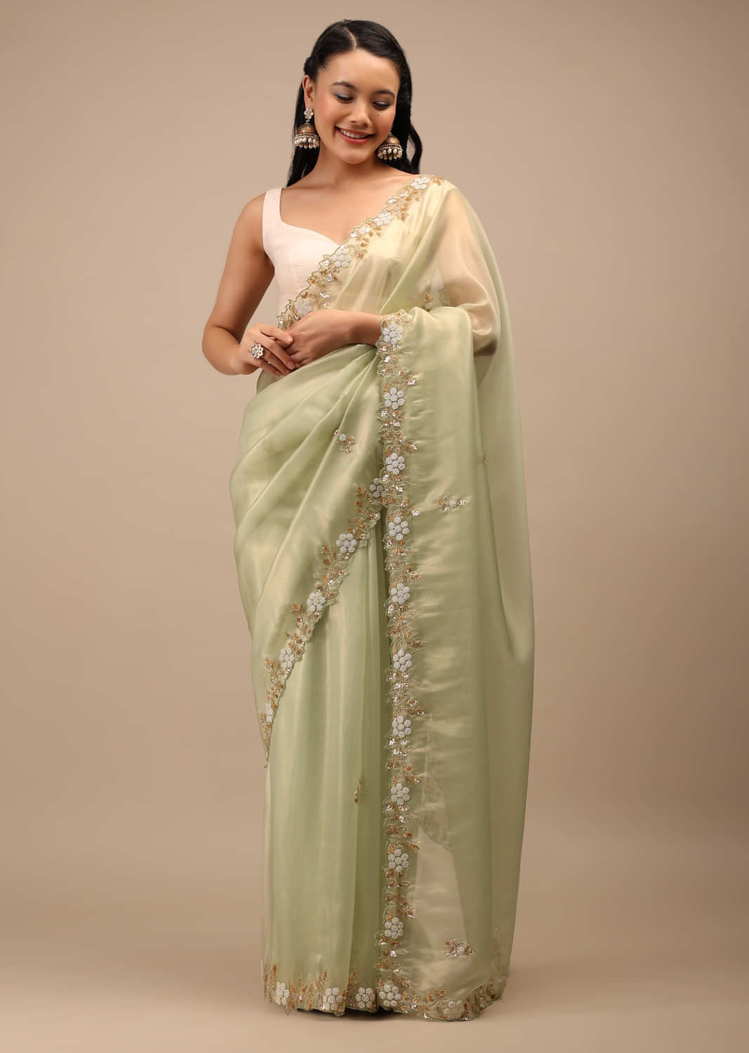 Foam Green Tissue Saree In White Moti And Cut Dana Embroidery Buttis, Border Has Cutwork Embroidery Detailing
