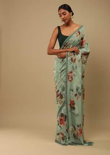 Fog Green Saree In Crepe Georgette With Printed Rose Motifs And Unstitched Blouse  