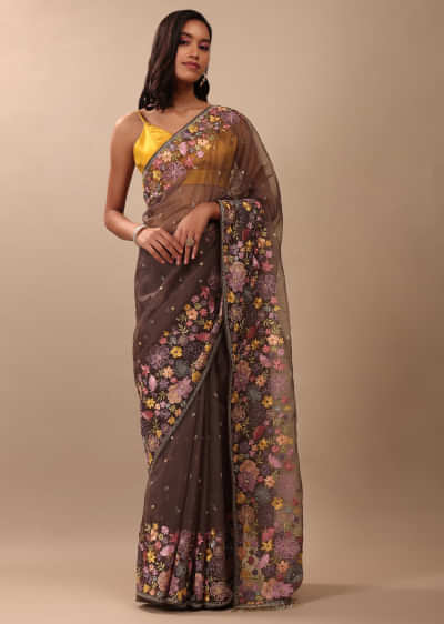 Fog Grey Saree In Organza With A Wide Floral Embroidered Pallu With Tassels