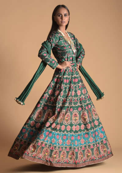 Forest Green Anarkali Suit In Raw Silk With Floral Heritage Print And Sequins Highlights  